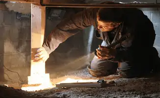 A professional inspecting wooden beams under the floor of a structure in {city}, {state}